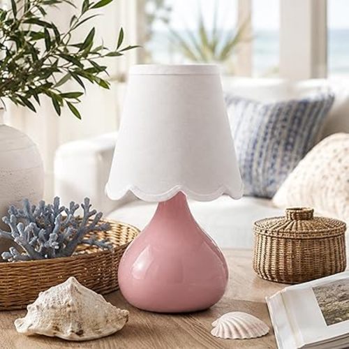 12" Cordless Table Lamp, Small Rechargeable Pink Ceramic Bedside Lamp with Magnetic LED Bulb, 3 Colors & Stepless Dimmable, Battery Operated Aesthetic Scalloped Lamp for Bedroom, Nursery, Girls Room