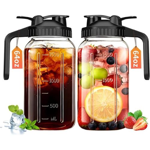 64oz Glass Pitcher with Lid & Spout – 2 Quart Mason Jars, Airtight & Leakproof Breastmilk Pitcher for Cold Brew Coffee, Sun Tea, Water, Juice – Wide Mouth, Fridge Safe