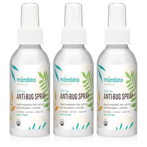 Mambino Organics Anti-Bug Spray, DEET-Free, Organic Mosquito Repellent with Essential Oils, Reef Safe, Face-Safe Protection for Babies, Kids, and Adults, Travel Bug Spray, 2.7oz, 3-Pack