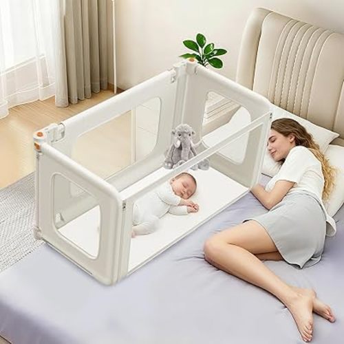 2 in 1 Bedside Bassinet, 69.26" x 19.29" Baby Bassinets Bedside Sleeper with Mosquito Net + Storage Bag + Child Lock, Baby Crib & Toddler Bed Rails for Twin, Full, Queen, King Size, Beige