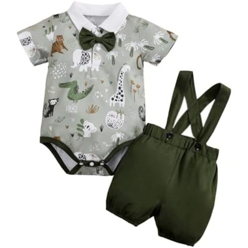 2pc Baby Boy Cute Summer Cartoon Bear Plaid Romper Bodysuit with Bow + Bib Pants Shorts Set Outfits