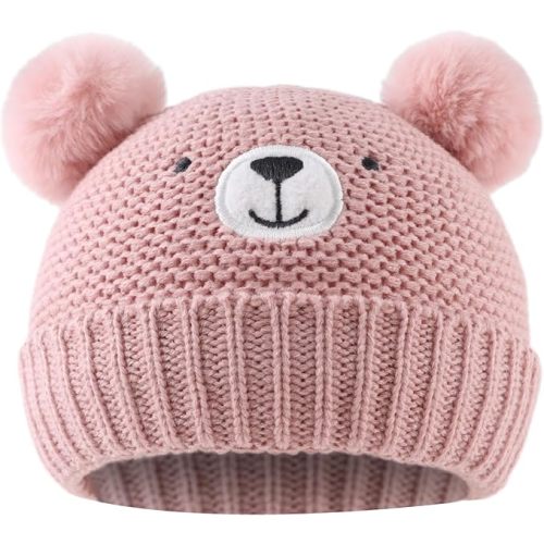 JANGANNSA Cute Bear Baby Beanie Pompom Baby Boys Hat Infant Toddler Winter Knitted Beanies for Girls (0-6 Months Pink)