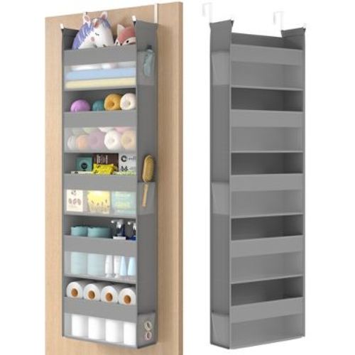 SONGMICS 5-Tier Over The Door Organizer, Hanging Door Organizer, 5 Large Pockets, Transparent Nylon Mesh, Metal Hooks, with Side Pouches, Dove Gray