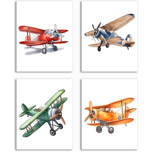 Watercolor Airplane Wall Art Print,Vintage Colorful Cartoon Aircraft Posters,Airplane Nursery Transportation Canvas Wall Art for Playroom or Nursery Boy Bedroom Decor Set of 4(8''X10''Unframed)