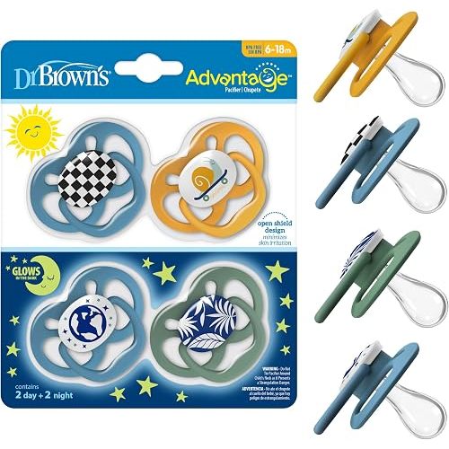 Dr. Brown's Advantage Glow-in-The-Dark Baby Pacifier, Fully Symmetrical Soother with Soft Silicone Bulb, Skateboard Snail-Blue Nature, 6-18m, BPA Free, 4 Pack