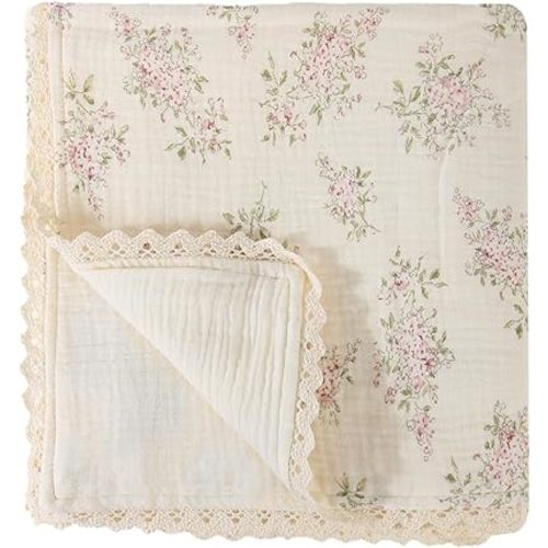 Muslin Baby Blanket for Girls, 100% Cotton Crib Blanket for Infant Toddler，Lightweight Swaddling Wrap 40"x 40", Soft Nursery Receiving Blankets Baby Essentials (Pink Flower)