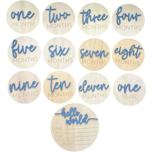 Baby Monthly Milestone Cards, 3D Premium Wooden Discs for Baby Photos and Pregnancy Journey plus BONUS Hello World Sign for Birth Announcement and Documenting Growth, Light Wood Photo Props (13 pcs) Baby Shower and Gender Reveal Gift (Blue)