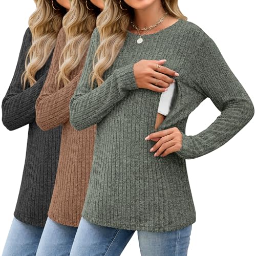 Sweetyweee 3 Pack Women's Nursing Long Sleeve Tops Breastfeeding Thermal Sweaters with Hidden Zipper Maternity Ribbed Shirts