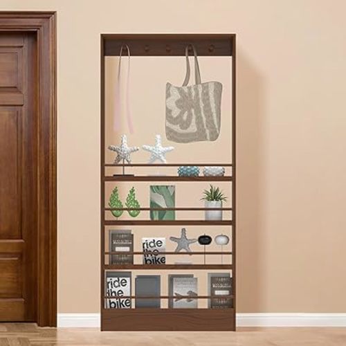 Behind Door Bookshelf, 31.5" Wide Wooden Wall Mount Shelf with Hooks, Space-Saving Storage for Kids & Adults, Perfect for Books, Toys, and More (Dark Walnut)