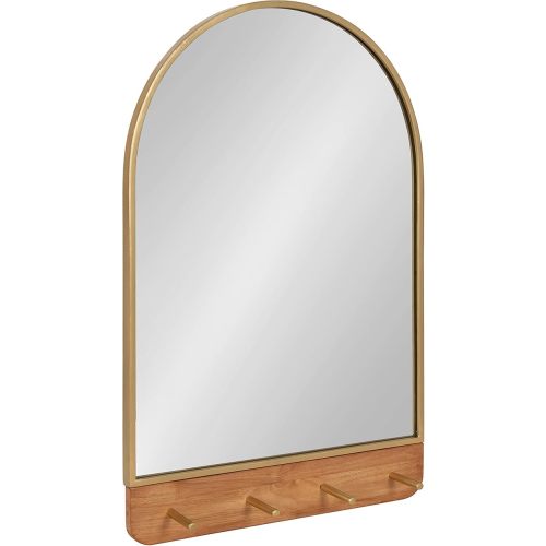 Kate and Laurel Schuyler Arched Wall Mirror with Hooks, 20 x 31, Gold and Natural Wood, Decorative Modern Mirror with Hooks for Storage and Display