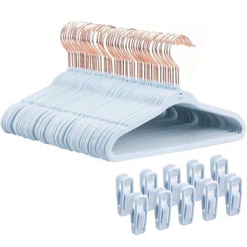 Infant Hangers Velvet, Felt Kids Hangers, 11 in, 50 Pack, Blue | 10 Removable Clips Included, Non-Slip Baby Hangers, Space Saving 0.2" Slim, 360° Rose Gold Hook, For Nursery Closet