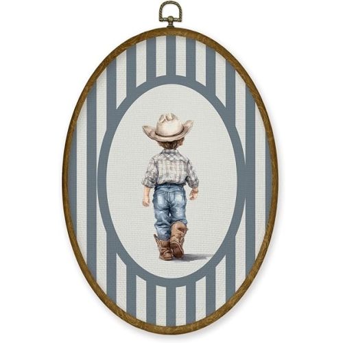 JMENGSSFL Vintage Western Cowboy Nursery Oval Wall Art Decor, Boy Nursery Canvas Prints, Rustic Western Cowboy Framed Wall Art for Kids Toddler Boys Room Bedroom Playroom Decor, 8.6x11.4 Inch