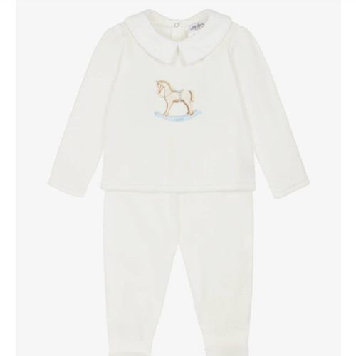 Jamiks - Boys Ivory Velour Rocking Horse 2 Piece Babygrow | Childrensalon