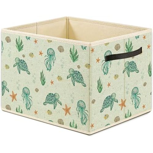 Green Sea Turtle Jellyfish Coastal Storage Bin Box, Ocean Nursery Decor, Beach Marine Biology Foldable Laundry Basket Toys Books Clothes Organizer for Room Bathroom Home Decor