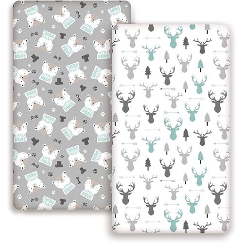 GRSSDER Stretchy Ultra Soft Jersey Knit Fitted Crib Sheets Set 2 Pack, Cozy Crib Sheet Fits All Standard Crib Mattress Pads, Grey Bear for Girls and Boys