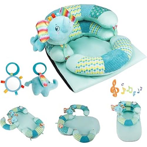 3-in-1 Tummy Time Pillow and Seated Support Playmat with Detachable Early Sensory Toys for Infant, Sitting Support to Prevent Reflux, Portable Gifts for Newborn Boys and Girls (Blue)