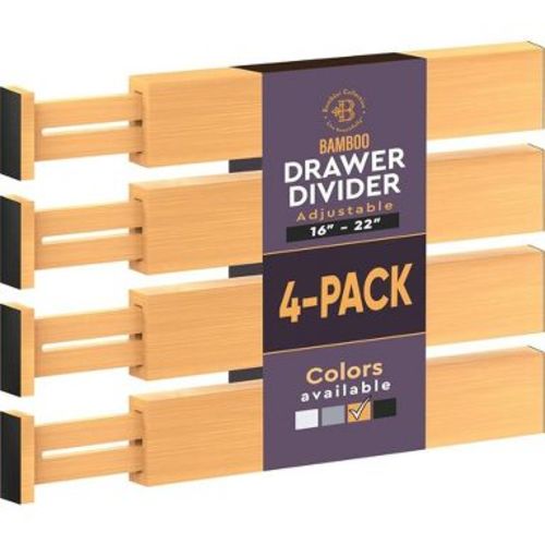 4-Pack Adjustable Bamboo Drawer Dividers – 16" to 22" Expandable Drawer Organizers for Kitchen, Bedroom, Bathroom, or Office - 2.6" Tall