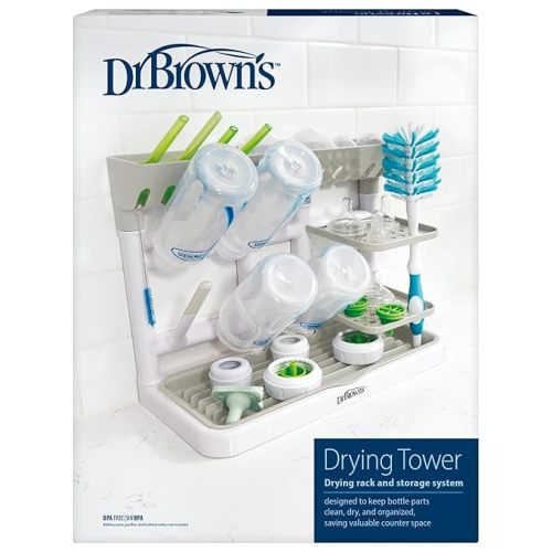 Dr. Brown's Drying Tower, Stand-Up Drying Rack, Countertop Baby Bottle Drying with Organized Storage for Baby Essentials, Space Saving Vertical Rack, Gray