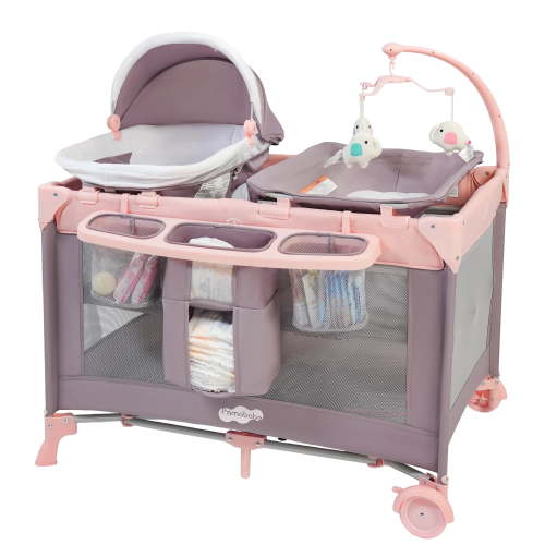 Pamo Babe Nursery Center Playard with Bassinet & Changing Table for Newborn,4-Panels Playpen