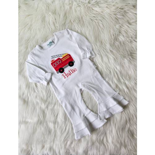 Long Sleeve Embroidered Fire Truck Ruffle Romper