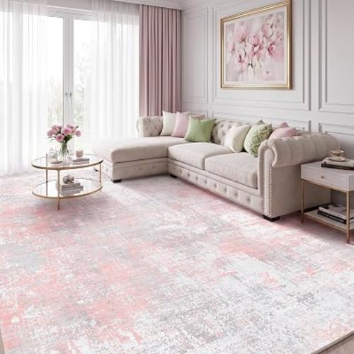 Fixwal Washable 9x12 Area Rug for Living Room, Non-Slip, Gray/Pink