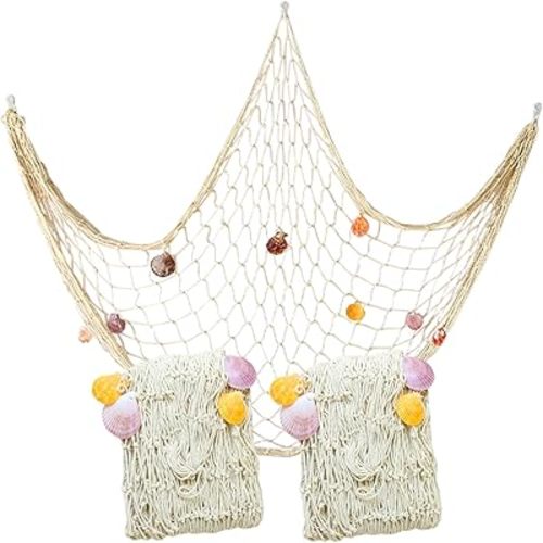 2 Pack Natural Fishing Net Decor with Shells 79 Inch Beach Theme Decor for Party Home Bedroom Wall Hanging Fish Net Decorations