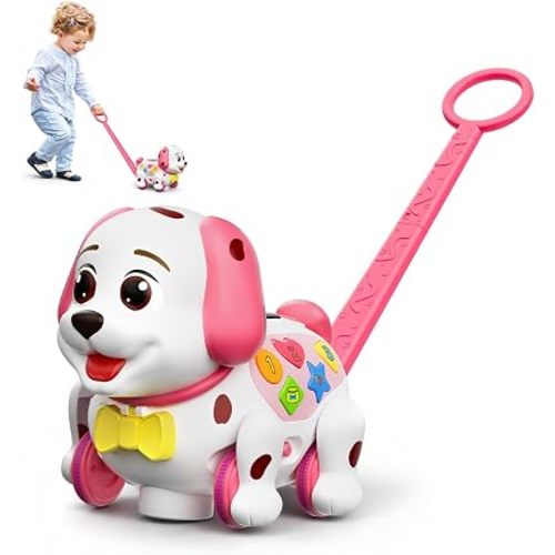 Push Along Puppy Toys for 1 2 Year Old Girl Gifts, Musical Educational Toy with Detachable Handle, LED Display, Bilingual ABC 123, Birthday Gift for 1,2 Year Old Girl