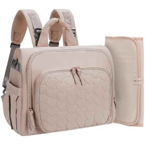 MHOMER Diaper Bag Backpack Puffer Lightweight 3 in 1 Wide Open Small Diaper Bag Tote for Travel with Changing Pad Shoulder Straps,Beige