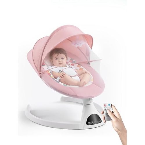 Baby Swing for Infants - Electric Portable Bluetooth Baby Rocker with 5 Speeds, 5-Point Harness, Remote Control, Timing & Music Speaker Max 20 Lbs (Pink)