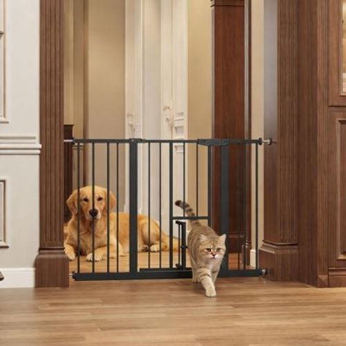 Baby Gate with Cat Door, 29.5–44.1 in Pressure Mounted Walk-Through Pet Gate for Doorways and Stairs, Black