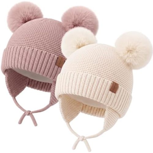 Konssy 2 Pack Baby Beanie Hat with Ear Flaps, Newborn Winter Hat 0-6 Months