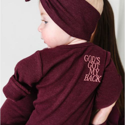 God's Got My Back Fig PJ Footed Onesie Ribbed Cotton-Bamboo Blend