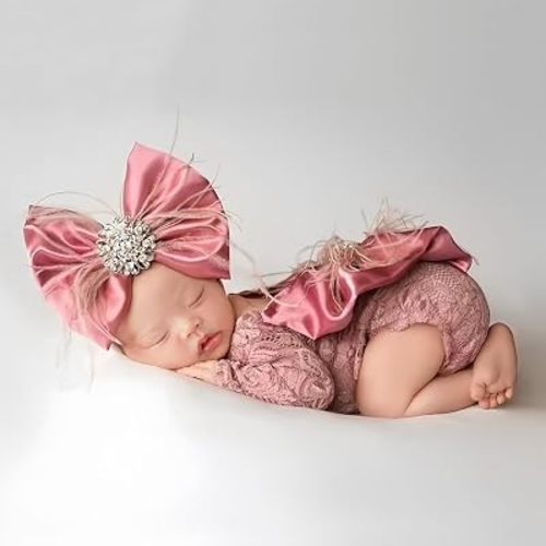 Newborn Girl Photoshoot Outfits Lace Baby Photography Outfits Girl Photo Props for Newborn Elastic Romper with Headband Baby Elegant Gorgeous Photography Outfit（Pink）