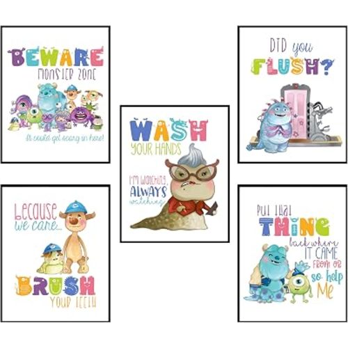Silly Goose Gifts Because We Care, Brush Your Teeth Monsters Themed Bathroom Wall Art Prints Decor (Set of 5)