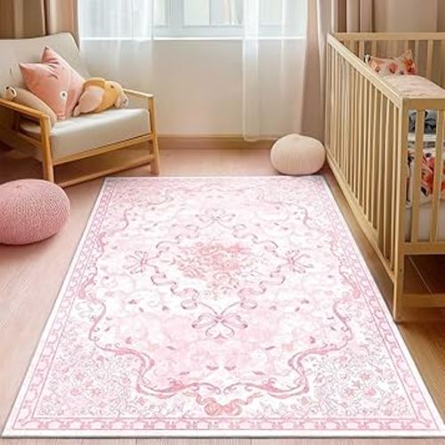 Pink Bow Rug for Bedroom Girls,5x7 Nursery Rugs for Living Room with Soft Low Pile, Cute Vintage Non Slip Washable Rug for Nursery Kids Playroom Dining Room College Dorm Girl