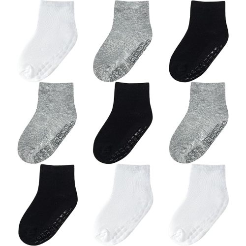 Baby Mid-Crew Socks with Grips (9 Pairs) for 0-7 Years Old Toddler Boy Girl Kids