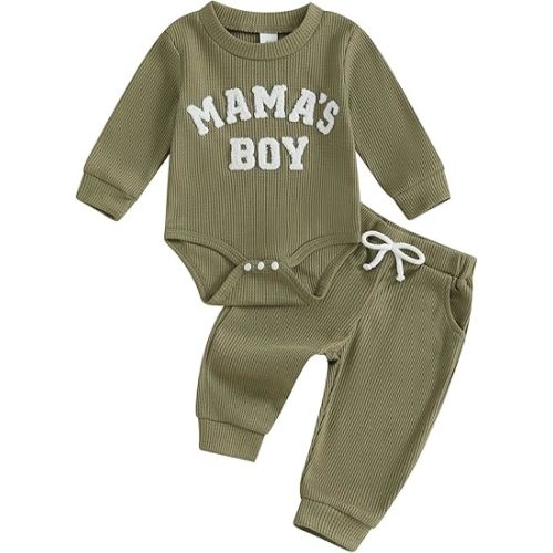 Mamas Boy Baby Clothes Embroidered Long Sleeve Romper Waffle Ribbed Pants Set Baby Fall Winter Outfit