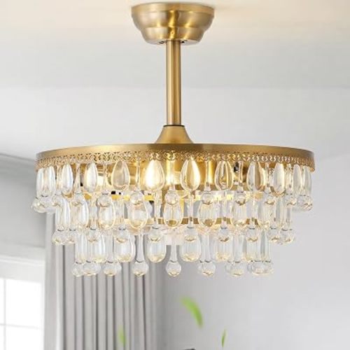 Farmhouse Rustic Brass Crystal Fandelier Ceiling Fan with Light, 20” Copper Crystal Ceiling Fans with Lights, Remote Control Caged with 6 Speeds for Bedroom, Living Room