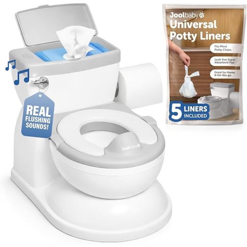Jool Baby Real Feel 2-in-1 Potty with Wipes Storage, Flushing Sounds & Disposable Liners - Realistic Toilet - Easy to Clean & Assemble (Gray)