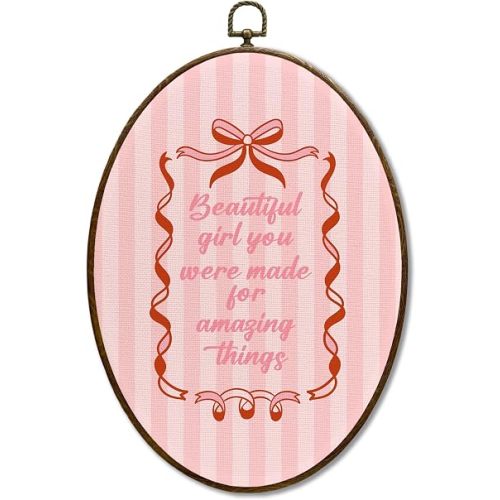 JQF Coquette Pink Bow Girl Nursery Oval Wall Decor, Beautiful Girl You Can Do Amazing Things Oval Canvas Wall Art, Affirmation Framed Prints Hanging Decor for Girls Room Bedroom, 8.5x11.5 Inch