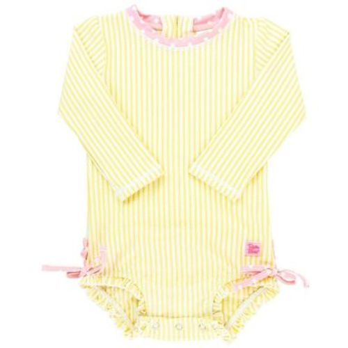 RuffleButts Toddler Seersucker Long Sleeve Rash Guard One Piece - Banana , Size: 3T