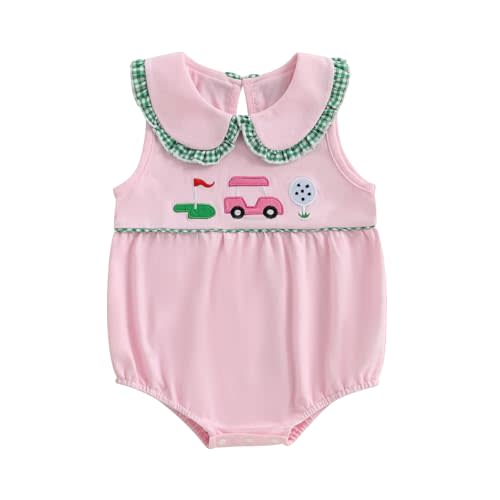KtwHarnu Baby Girl Clothes Newborn Golf Cart Embroidery Peter Pan Collar Sleeveless Romper Bubble Bodysuit Cute Summer Outfit