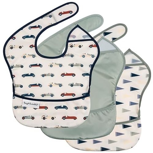 Tiny Twinkle Mess-Proof Baby Bibs for Eating | Waterproof, Wipeable Toddler Bibs with Catch-All Pocket | Feeding Bibs for Girls & Boys(3 Pack,Vintage Cars,Varsity Flags)