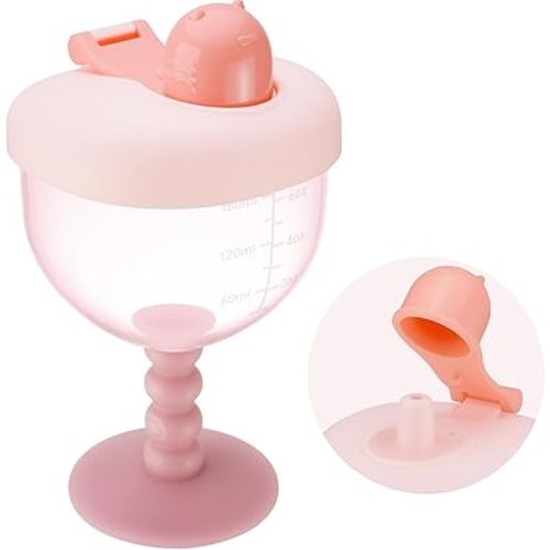 NiHome 6oz Baby Goblet Cup with Lid for Ages 12 Months+, Leak-Proof Travel Sippy Cup with Easy Measurement Marks, Elegant Wine Glass Design Toddler Cup, Durable and Odorless Baby Drinking Cup (Pink)