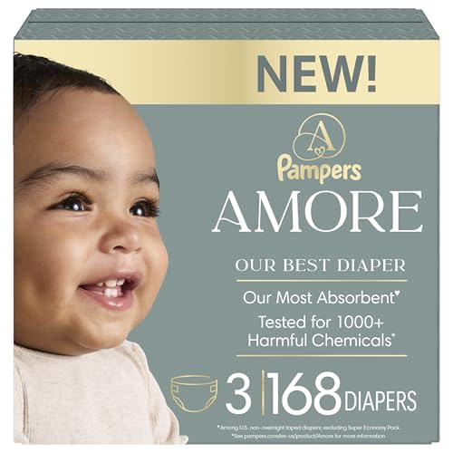 Pampers Amore, Size 3 (13-26 lbs), 168 Count, Our Best Diaper – Hypoallergenic & Fragrance Free, Up to 100% Leakproof, Soft as Cashmere