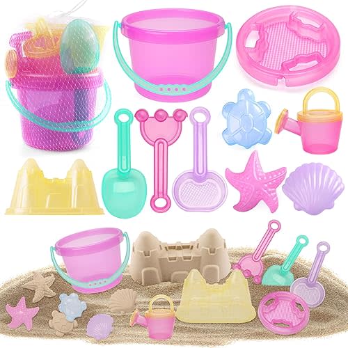 LotFancy 10PC Kids Summer Beach Toys Set with Sand Molds & Tools Sandbox Toys for Toddlers 3-8, Sand Bucket, Shovel, Rake, Watering Can, Christmas Birthday Gift for Girls Boys