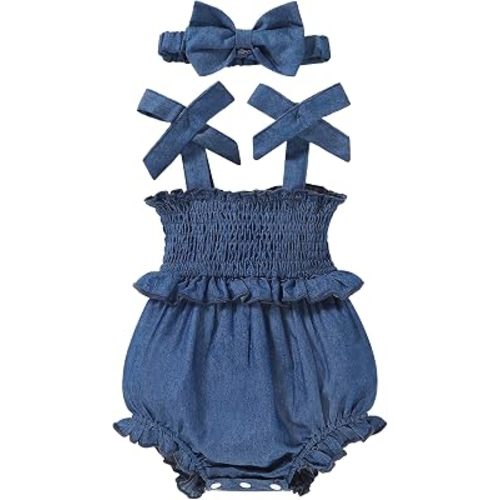 Baby Girl Romper Denim/Plaid/Stripe Newborn Infant Sleeveless Jumpsuit 0-3M/3-6M/6-12M/12-18M With Headband