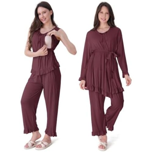 SUNNYBUY 3 PCS Ruffle Maternity Nursing Pajamas Set & Robe for Postpartum