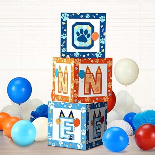 Lunmon 3 Pcs Blue Dog 1st Birthday Balloon Boxes Decorations with 25 Balloons Dog Paw Print One Boxes for First Birthday Photoshoot Props Party Decorations Supplies