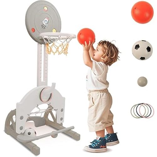 4-in-1 Toddler Basketball Hoop Adjustable Height Indoor Outdoor Sports Center for Kids Aged 1-3 Basketball, Soccer, Hockey & Ring Toss, Grey and White